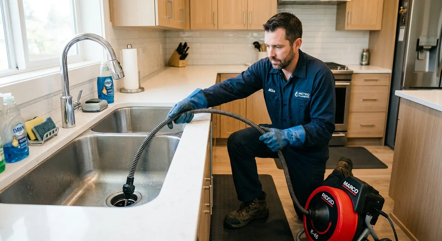 Drain cleaning technician using a motorized snake on a kitchen sink in Birdsboro