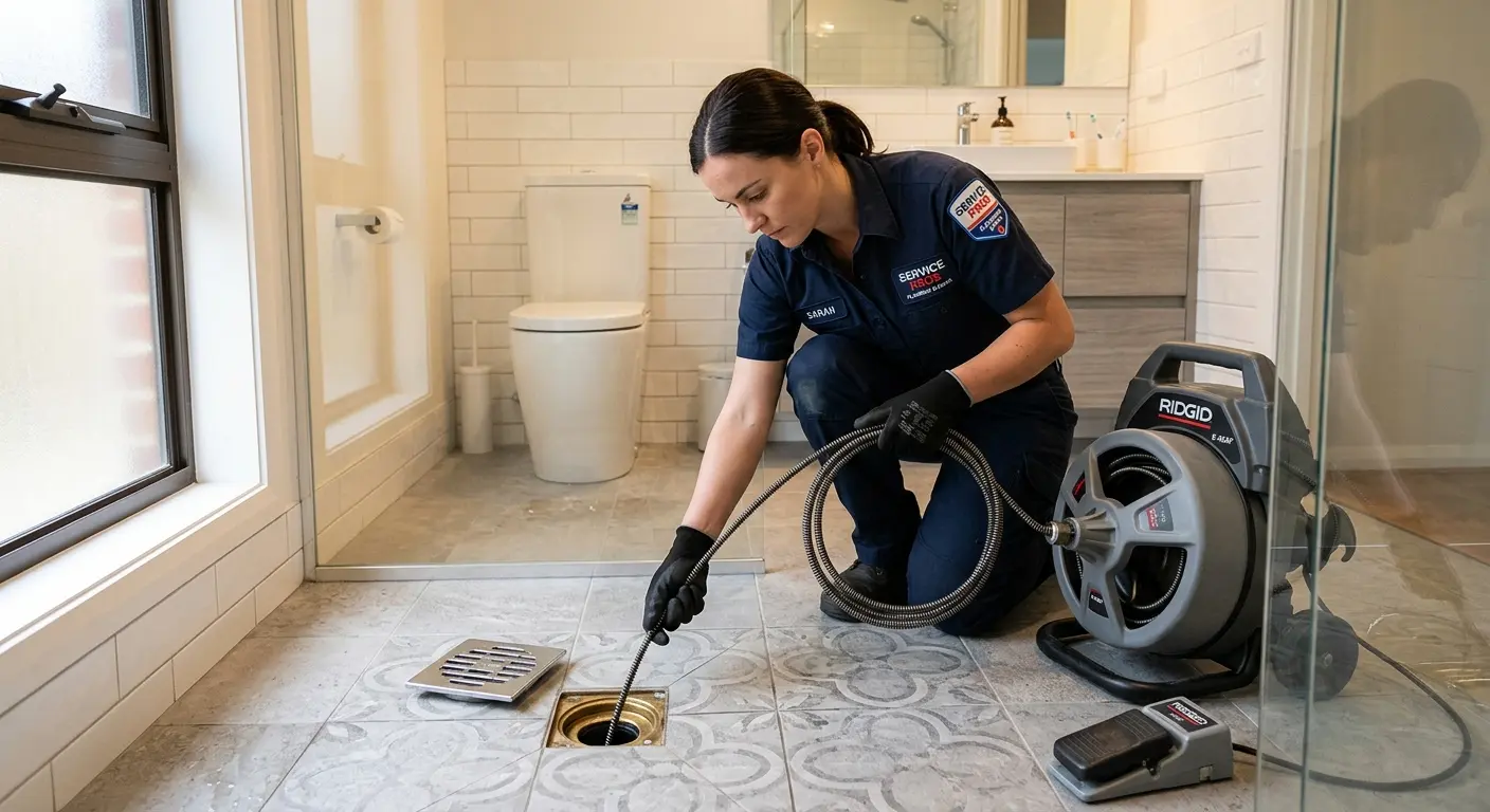 Technician clearing a bathroom floor drain for Clogged Drain Repair in Birdsboro